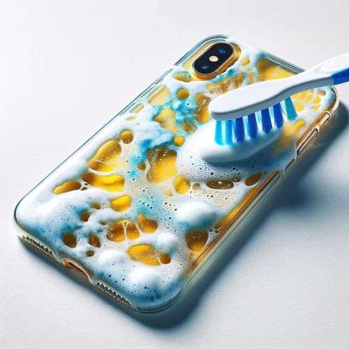 Yellowed clear phone case being cleaned with a toothbrush and paste.