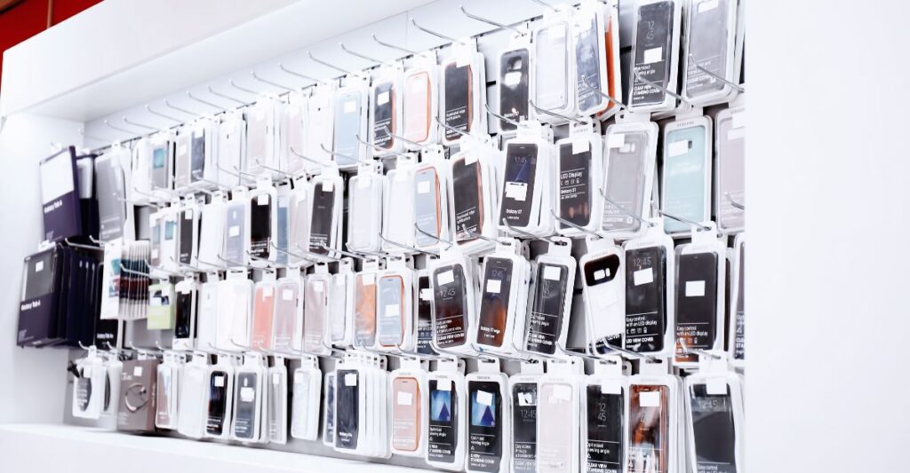 Phone Accessories Business Diverse phone accessories displayed with vibrant creativity.